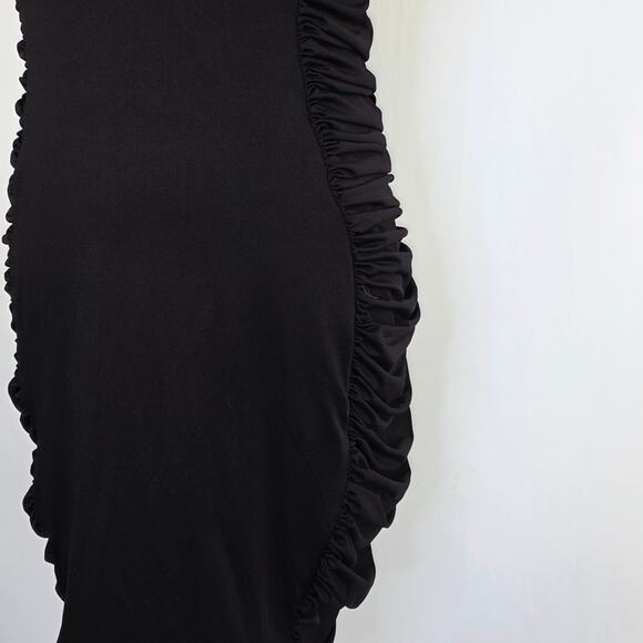 Halter Bodycon Dress XL Black Ruched Side Plunge Neck Stretch Y2K Goth Clubwear - Picture 4 of 13